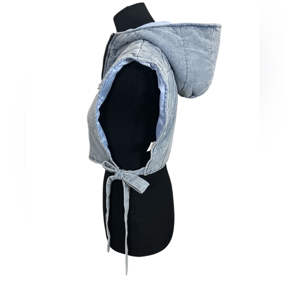 Baddie Quilted Cropped Hooded Denim Side Tie Full Zip Sleeveless Jacket Vest - Picture 3 of 4